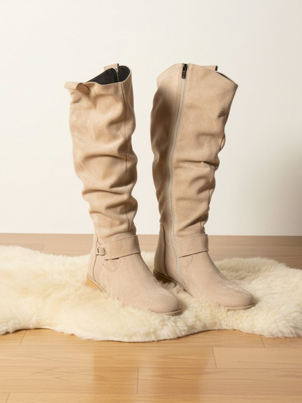 Women's Over-The-Knee Slouch Boots in Beige - Soft Suede Finish